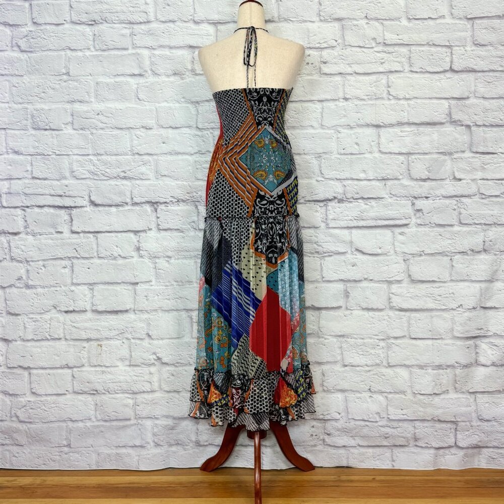 Lapis Mesh Patchwork Print Tiered Halter Dress - image 2